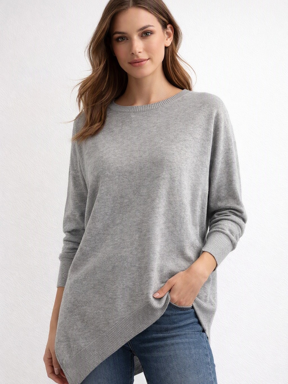Verve Ami Light Gray Crewneck A-symmetrical Longline Sweater